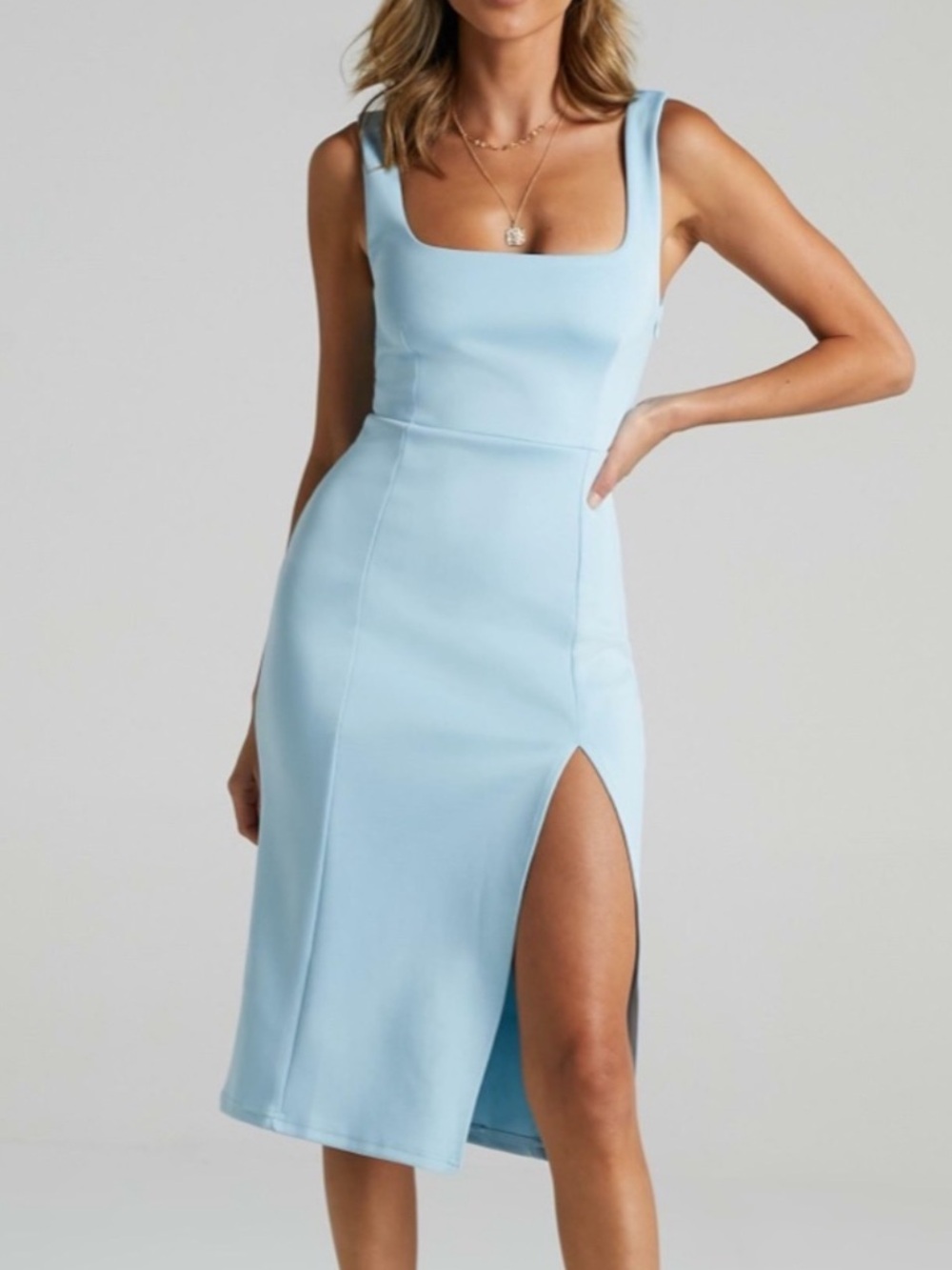 Showpo. Powder Blue Square Neck Midi Dress with Thigh Slit